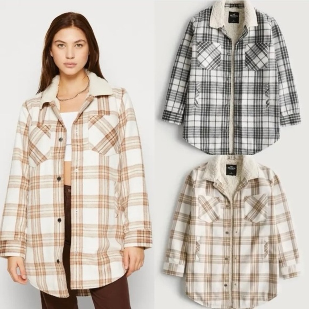 Hollister Cream and Tan Plaid Sherpa-Lined Shacket